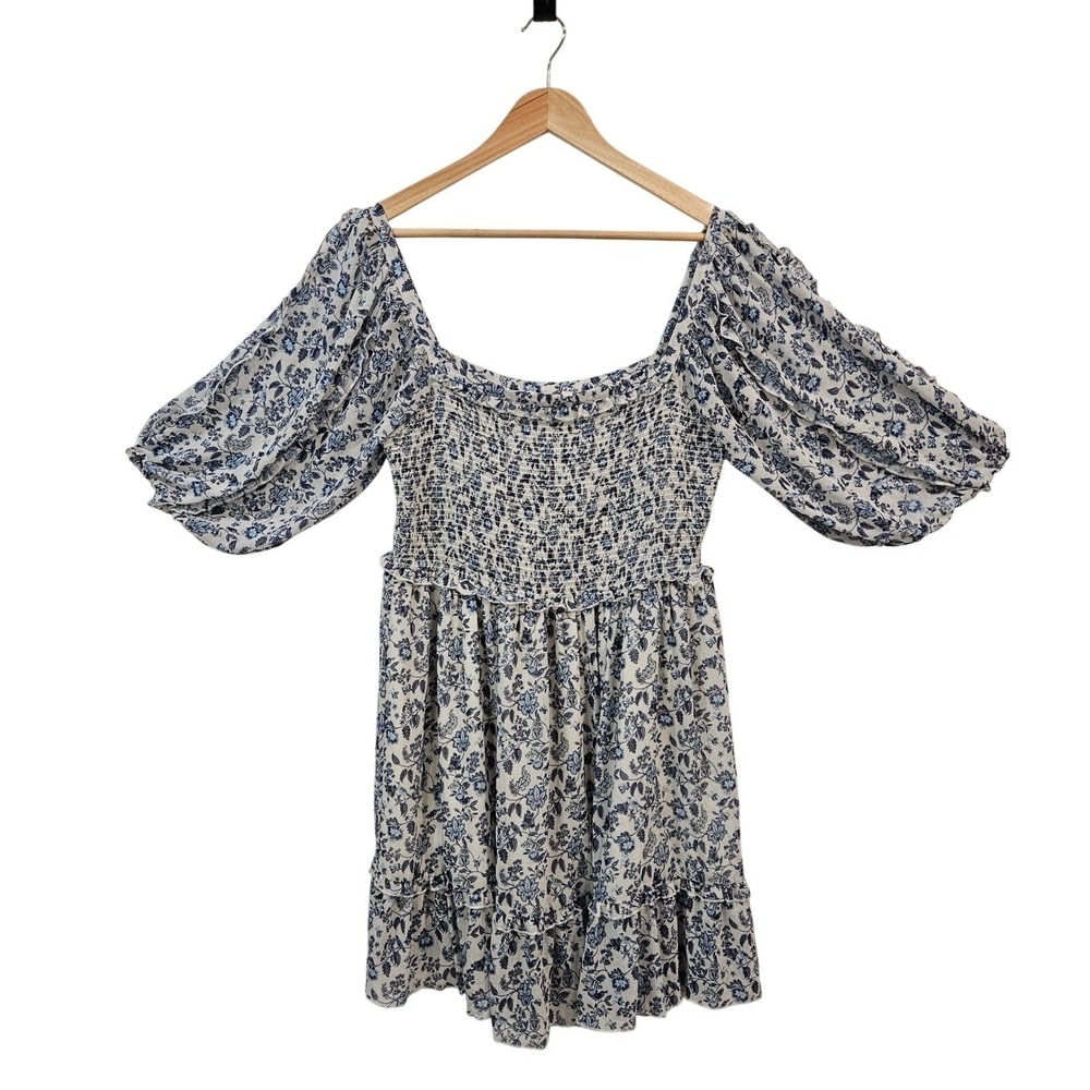 Super Natural Puff Sleeve Mini Dress L Blue Floral Smocked Peasant Cottage - Picture 5 of 15